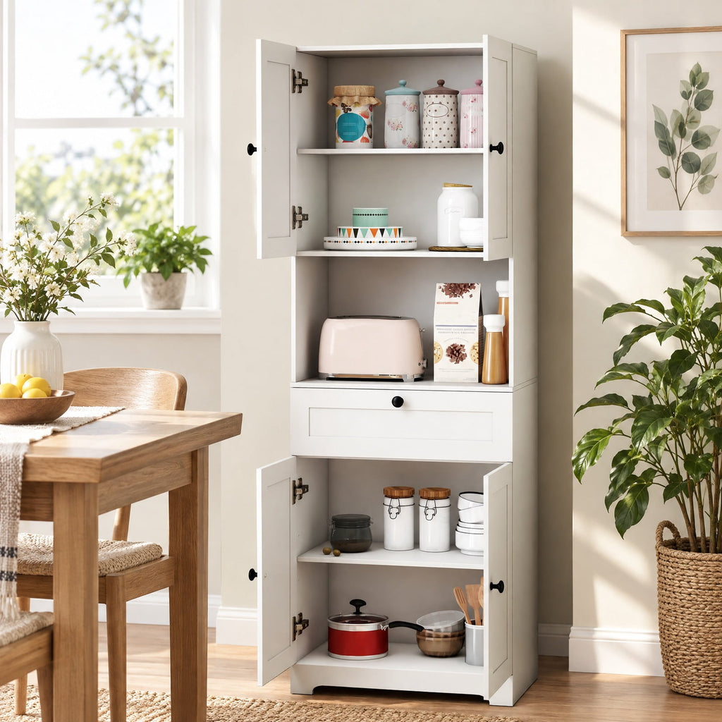 Airfind 67.5 Inch Tall Modern Freestanding Floor Storage Cabinet with 4 Doors and 1 Drawer, 243 lbs Capacity, MDF Engineered Wood Frame, White