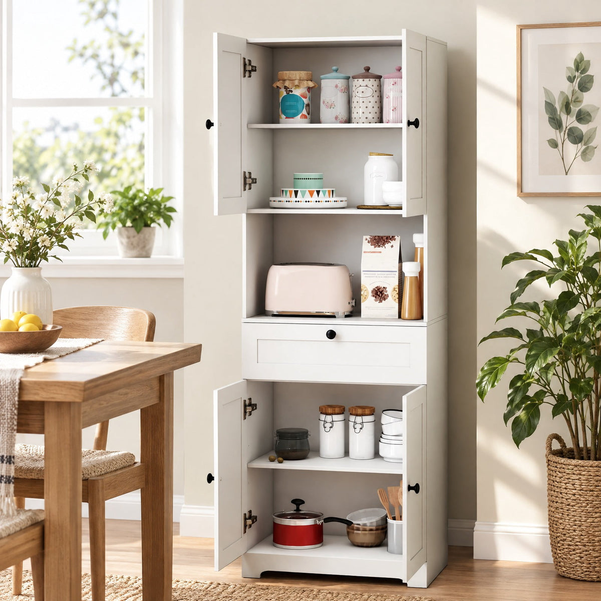 Airfind 67.5 Inch Tall Modern Freestanding Floor Storage Cabinet with 4 Doors and 1 Drawer, 243 lbs Capacity, MDF Engineered Wood Frame, White