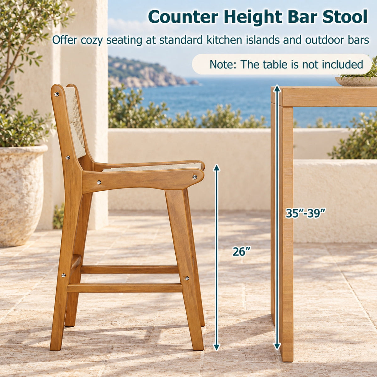 Airfind Set of 4 Outdoor Counter Height Bar Stool Woven Paper Rope Patio Barstool with Teak Wood Frame, 400 lbs Capacity, Wood