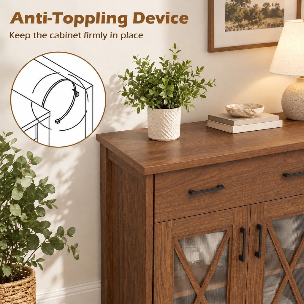 Airfind Farmhouse Buffet Sideboard 3-Door Kitchen Storage Cabinet featuring 2 Drawers, Top 132 lbs Total Capacity, Engineered Wood PC Frame, Brown
