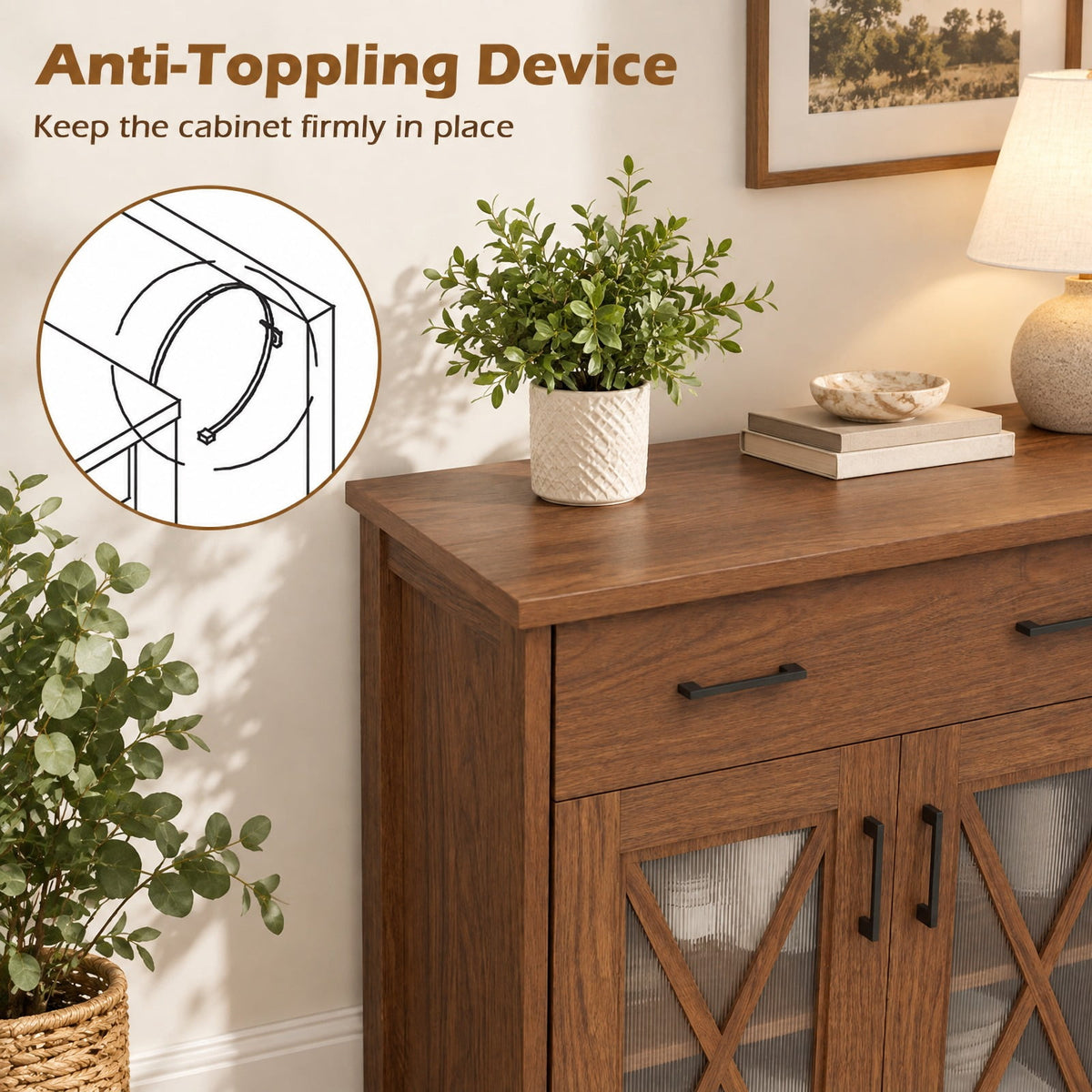 Airfind Farmhouse Buffet Sideboard 3-Door Kitchen Storage Cabinet featuring 2 Drawers, Top 132 lbs Total Capacity, Engineered Wood PC Frame, Brown
