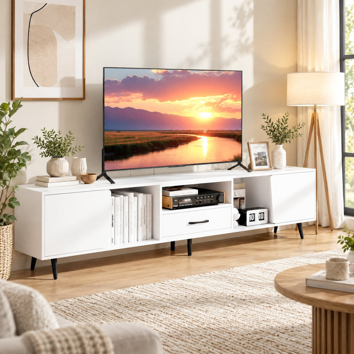 Airfind 79 Inch TV Stand for TVs up to 90 Inches Entertainment Center Wood Media Console Table Modern Mid Century TV Cabinet, 200 lbs Capacity, White