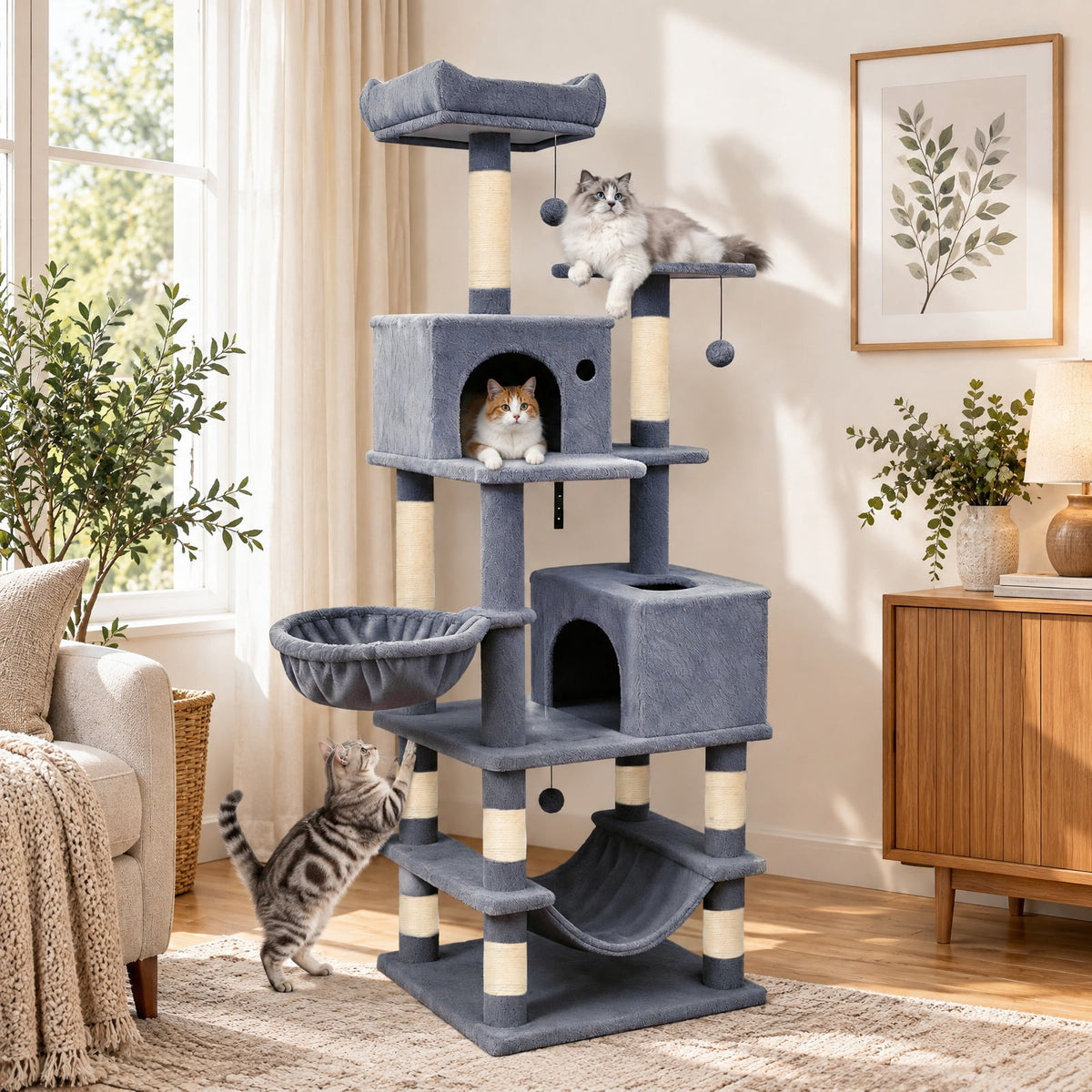Airfind 66 Inch Tall Cat Tree Multi-Level Cat Tower with 2 Condos Sisal Scratching Posts, 33 lbs Capacity, Dark Gray