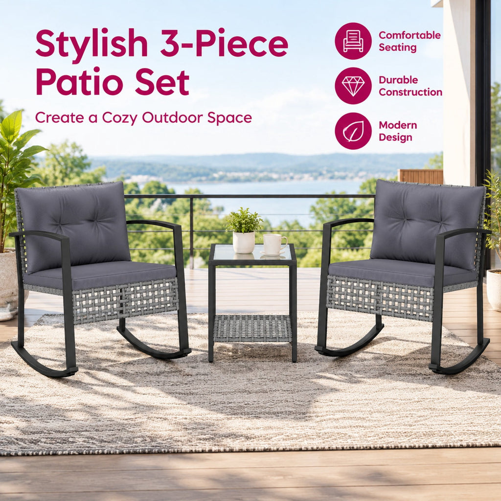 Airfind 3-Piece Outdoor Rocking Chair Set for Garden, 100 lbs Capacity, 28.5 x 22.5 x 31 Footprint, Gray