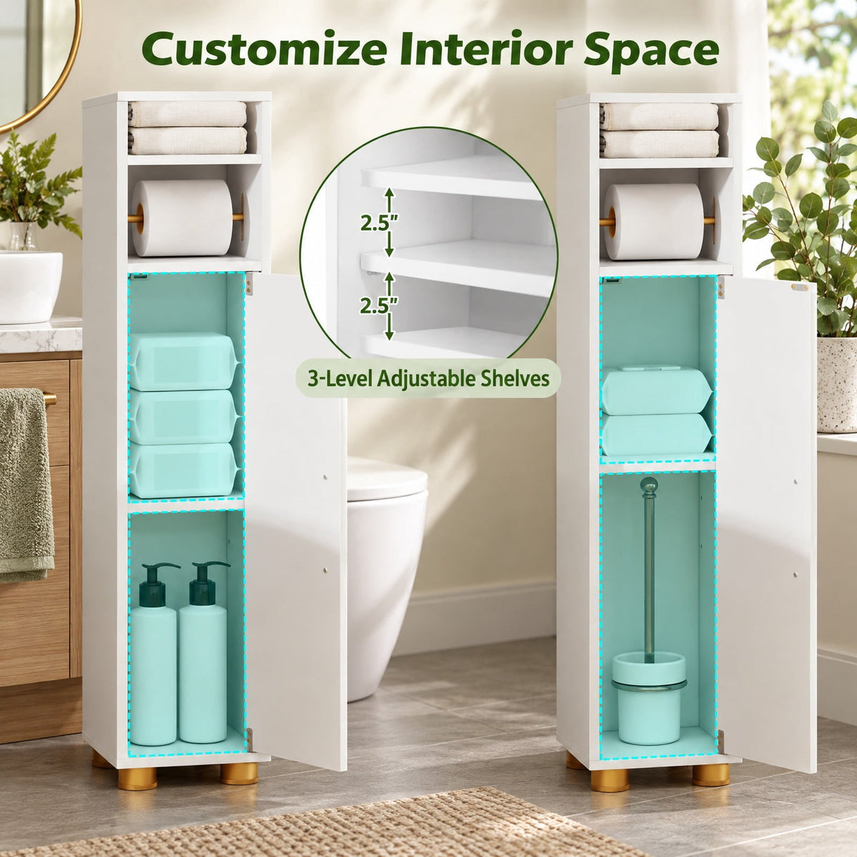 Airfind Narrow Bathroom Storage Cabinet featuring Open Shelves and Toilet Paper Holder, 11 lbs Capacity, Engineered Wood Metal Plastic Frame, White