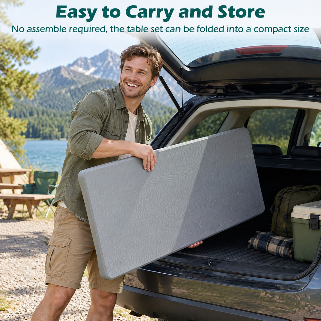 Airfind 44 Inch HDPE Folding Picnic Table Set with 2 Benches, 110 lbs Capacity, HDPE Metal Frame, 44 Inch x 24 Inch x28 Inch Footprint, Grey