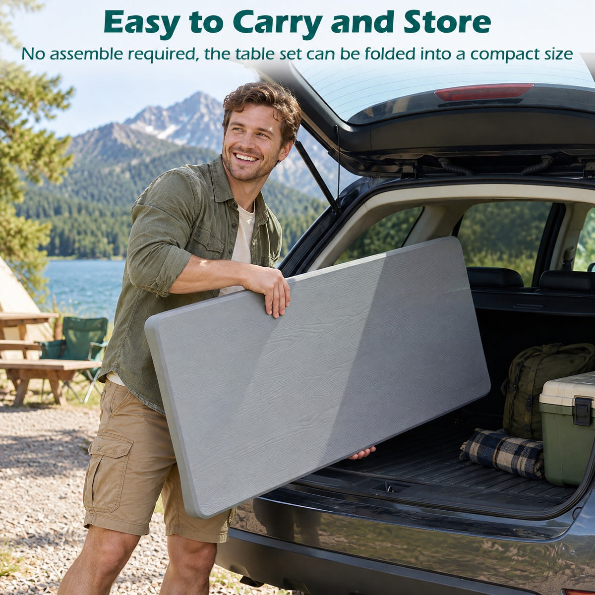Airfind 44 Inch HDPE Folding Picnic Table Set with 2 Benches, 110 lbs Capacity, HDPE Metal Frame, 44 Inch x 24 Inch x28 Inch Footprint, Grey