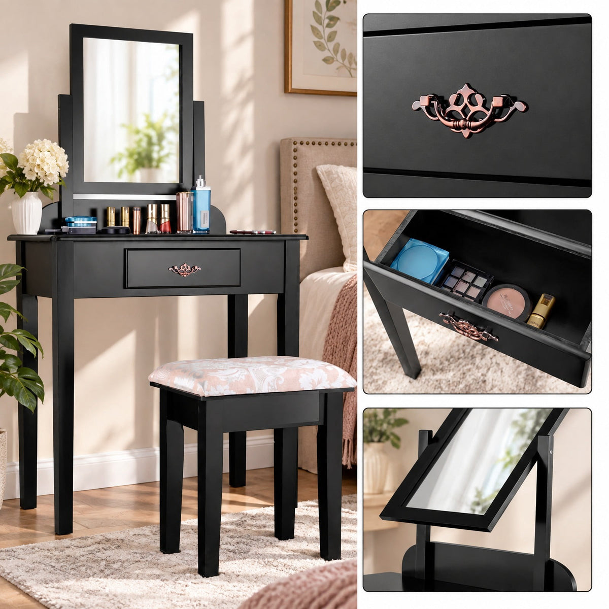 Airfind Vanity Dressing Table Stool Set with Large Makeup Mirror, 286 lbs Capacity, Wood Frame, 29.5 Inch x 16.0 Inch x 53.5 Inch (L x W x H) The Footprint