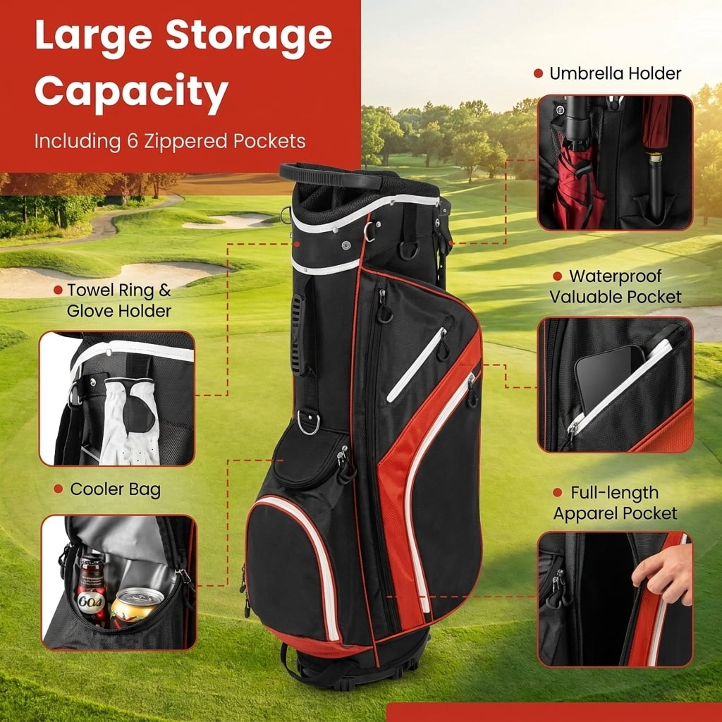 Airfind 14-Way Stand Bag with Cushioned Hip Strap and Rain Hood for Walking Rounds, Red