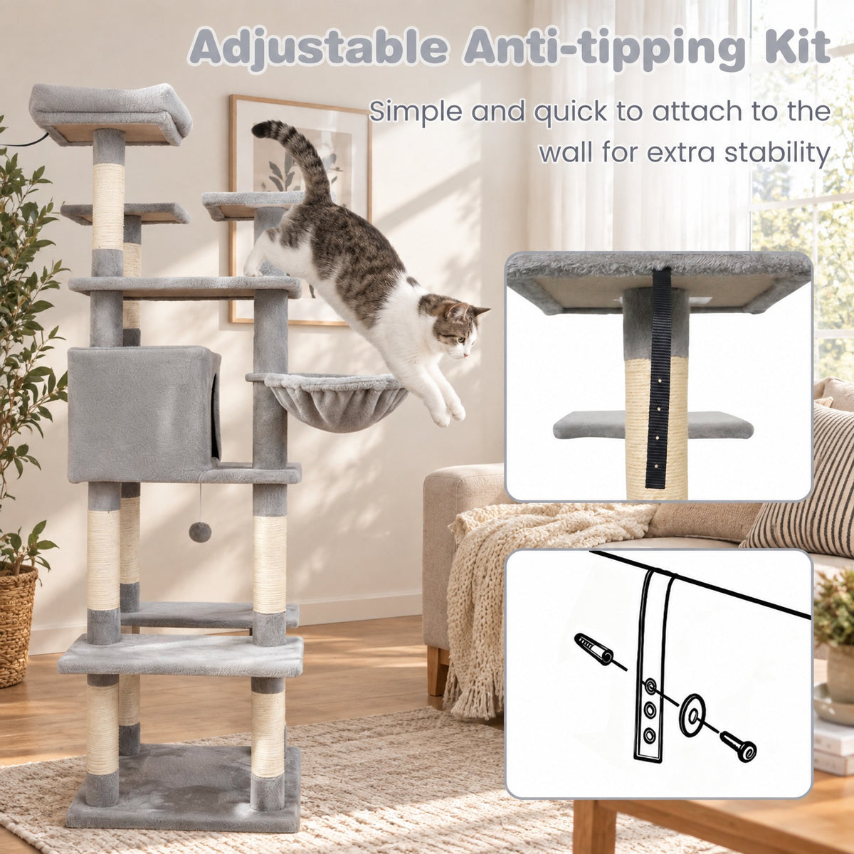 Airfind Large Cat Tree for Indoor Cats 63 Inch Tall Cat Tower, Plush Fabric Sisal Engineered Wood Base Frame, Gray