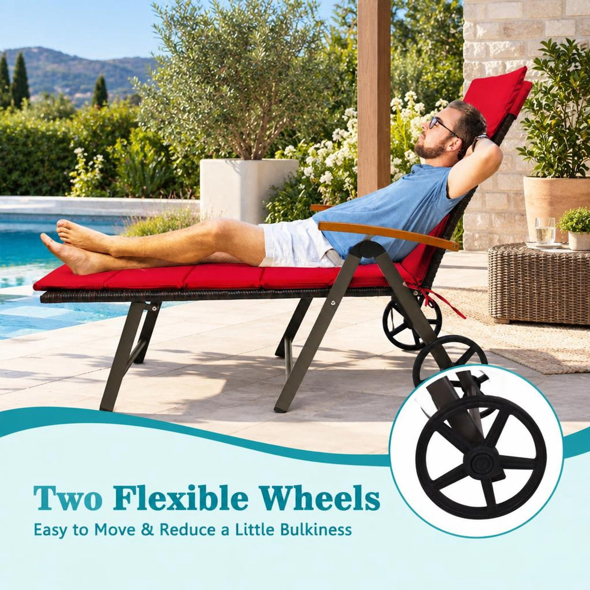 Airfind Outdoor Chaise Lounge Chair Rattan Lounger Recliner Chair, 385 lbs Height from ground to seat: 15.7 Capacity, PE rattan aluminum Frame, Red