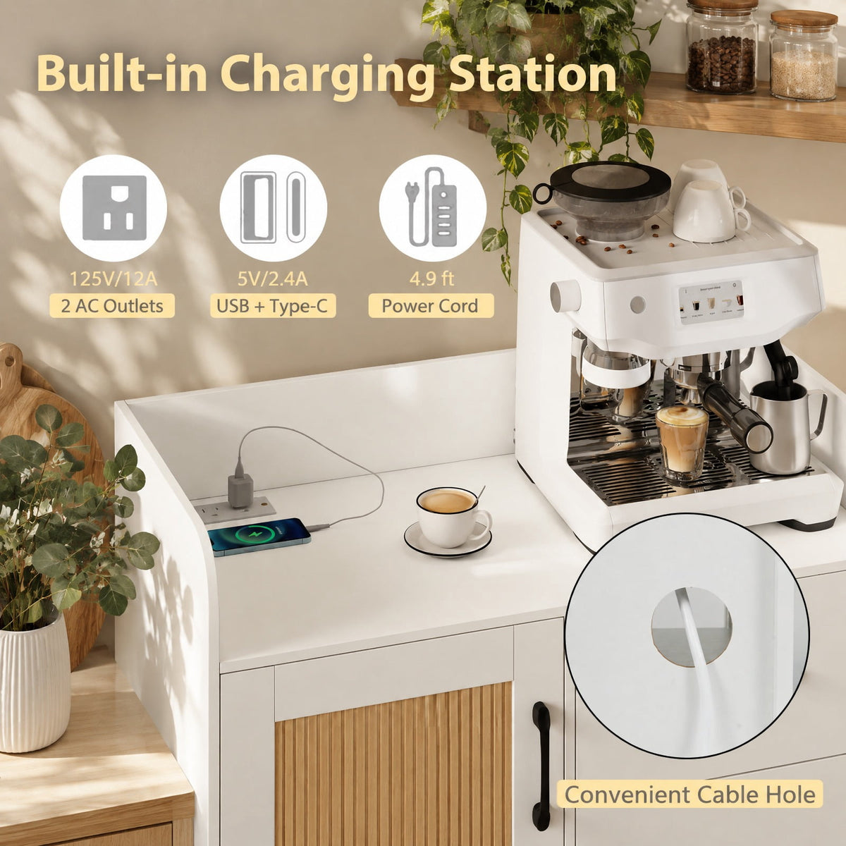 Airfind LED Buffet Sideboard with Charging Station with Drawer and Translucent Fluted Door, 110 lbs Capacity, Engineered Wood MDF PC Frame, White