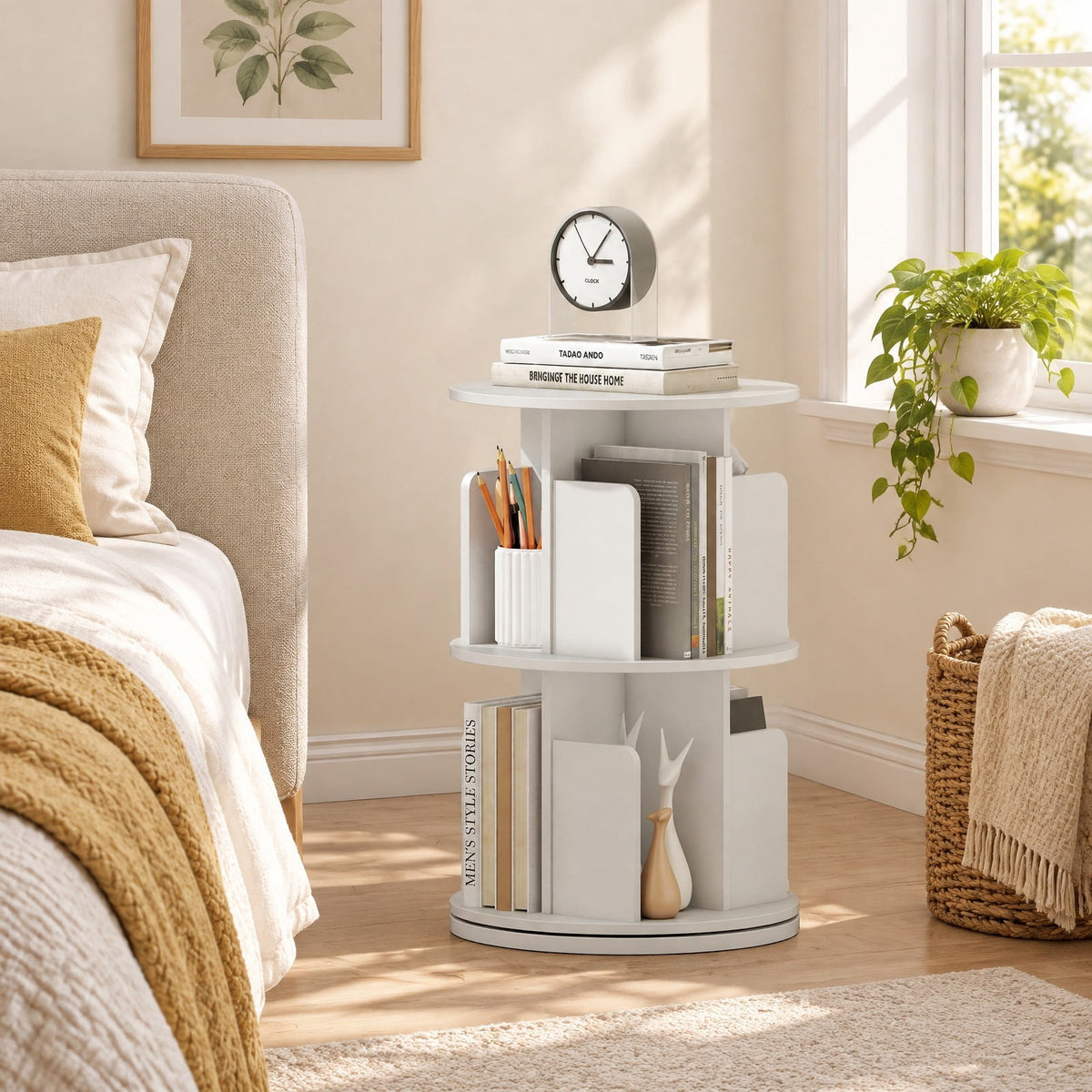 Airfind Bookshelf, 2-Tier Rotating, with Dividers and Anti-falling Baffles, 145 lbs Capacity, Engineered Wood Frame, White