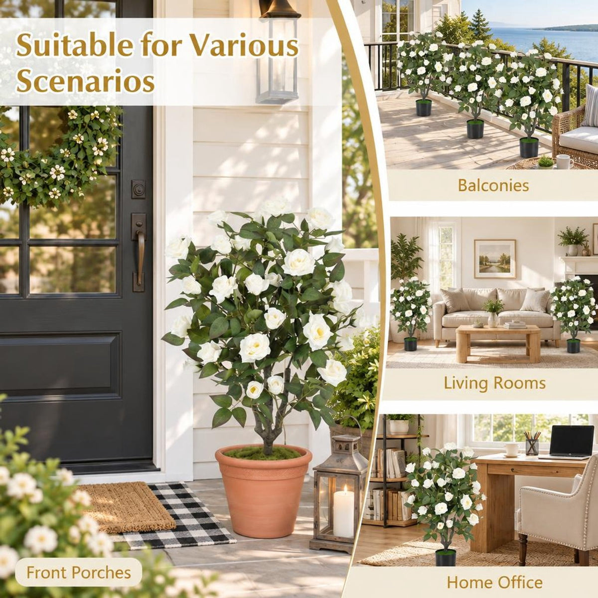 Airfind Set of 2 Artificial Rose Tree with Blooming Flowers and Green Leaves for Indoor, Silk Fabric Rubberized Fabric PE PP Tree Height 35.5 Frame
