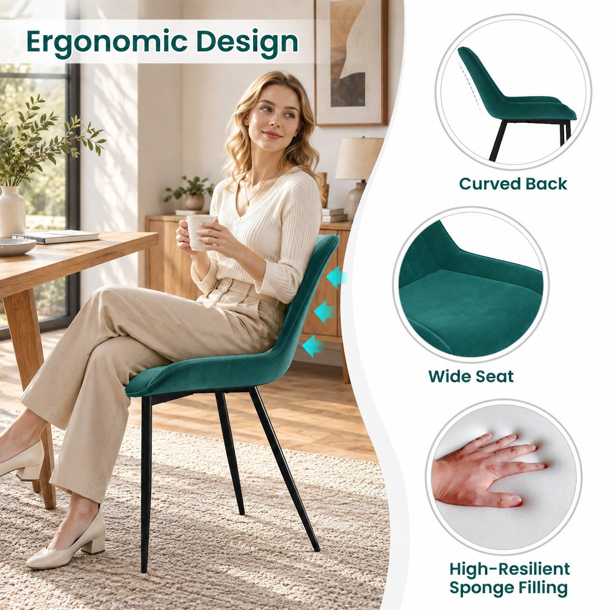 Airfind Dining Chair Set, of 4 Velvet Upholstered Kitchen Chairs with Metal Legs, 330 lbs Capacity, PU Leather Sponge Metal Frame, Green