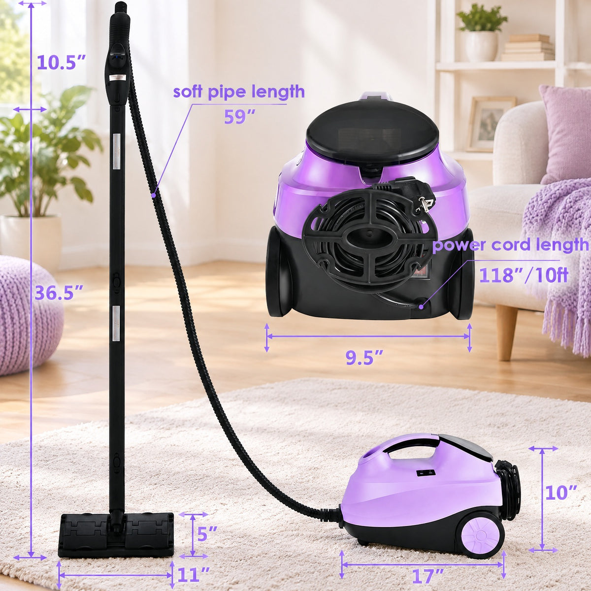 Airfind 2000W Heavy Duty Multi-purpose Steam Cleaner Mop with Detachable Handheld Unit, ABS Frame, : 10 x 17 x 10 Footprint, Purple