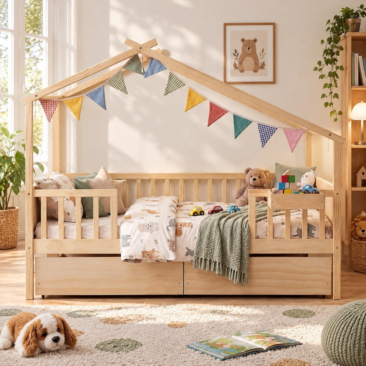 Airfind Full Size House Bed with Roof and Fence Rails for Kid, 550 lbs Capacity, Pine Wood Plywood MDF Engineered Wood Frame, Natural
