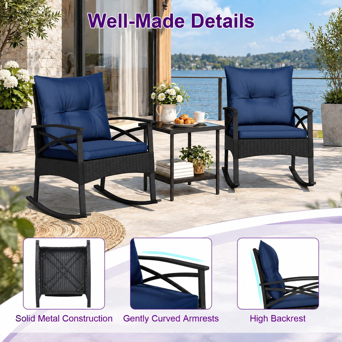 Airfind 3 Pieces Outdoor Rattan Rocking Chairs Set with 2-Tier Side Table for Garden Backyard, Table 100 lbs Capacity, 18 x 18 x 18.5 Footprint
