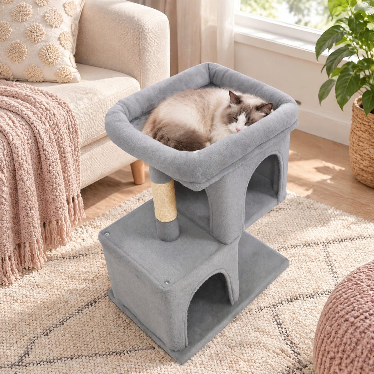 Airfind Modern Cat Tree Space-saving Cat Tower with Upholstered Perch and 2 Cat Condos, 22 lbs Capacity, 24 x 16 x 25.5 Condo Footprint, Pink