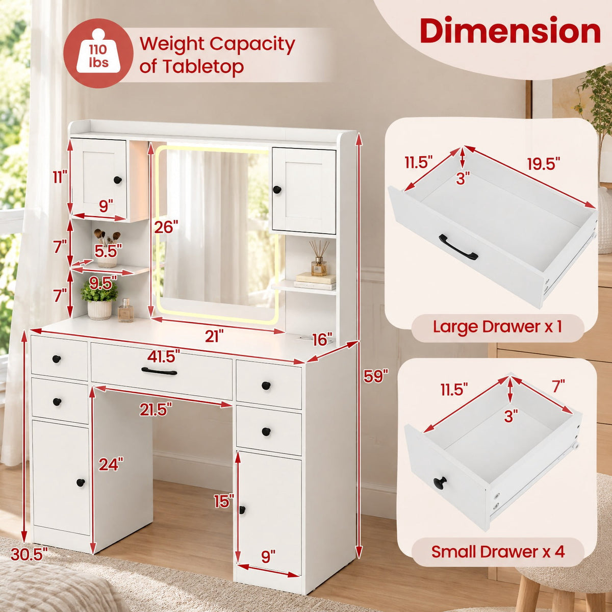 Airfind Makeup Vanity Desk with Lighted Mirror and Charging Station, 110 lbs Capacity, Engineered Wood Frame, 41.5 Inch x 16 Inch x 59 Inch Footprint, White