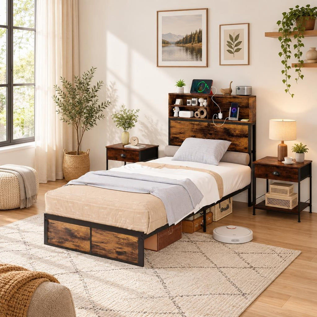 Airfind Twin Size Bed Frame with Storage Headboard Industrial Metal Platform Bed, 485 lbs Capacity, Metal Engineered Wood Frame, Rustic Brown