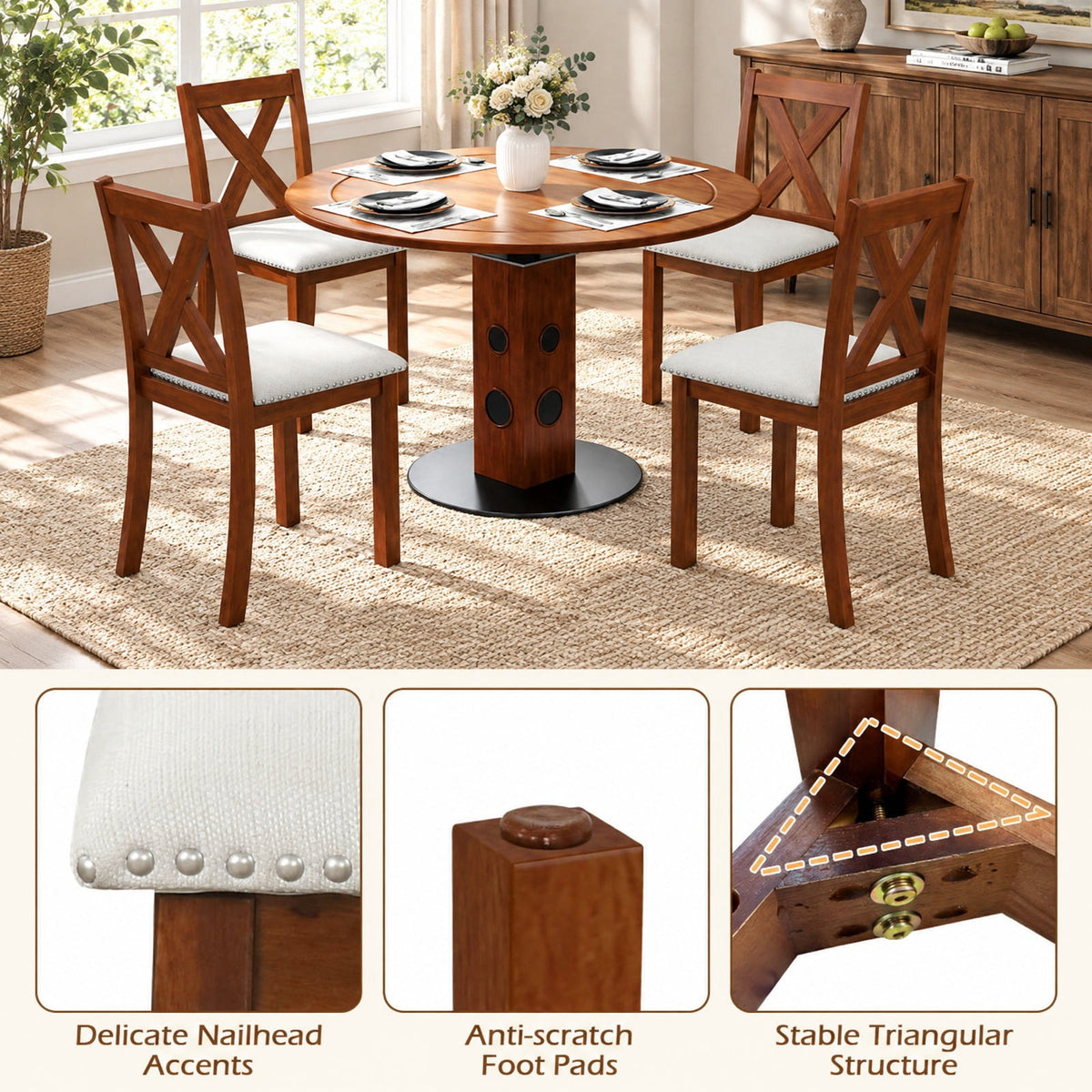 Airfind Wooden Dining Chair Set of 2 with Padded Seat and Curved Back, 420 lbs Capacity, Acacia Wood Plywood Linen Fabric Sponge Frame, Beige