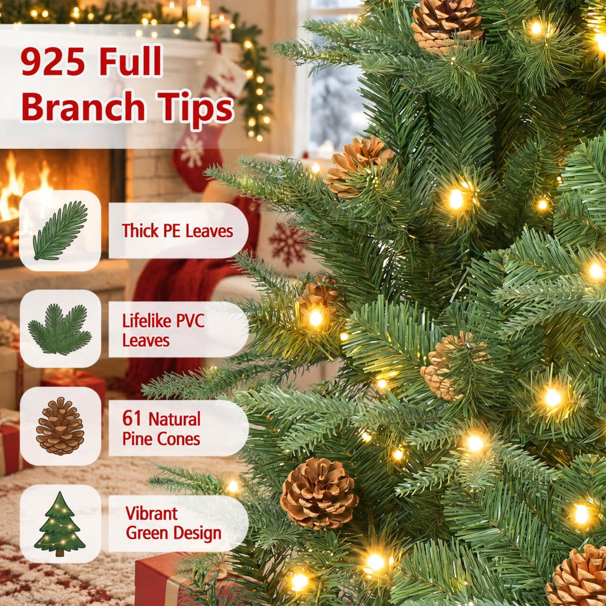 Airfind 7 ft Pre-Lit Artificial Christmas Tree with 460 Warm White LED Lights, 61 Pine Cones, 925 Branch Tips and Folding Metal Stand, Green