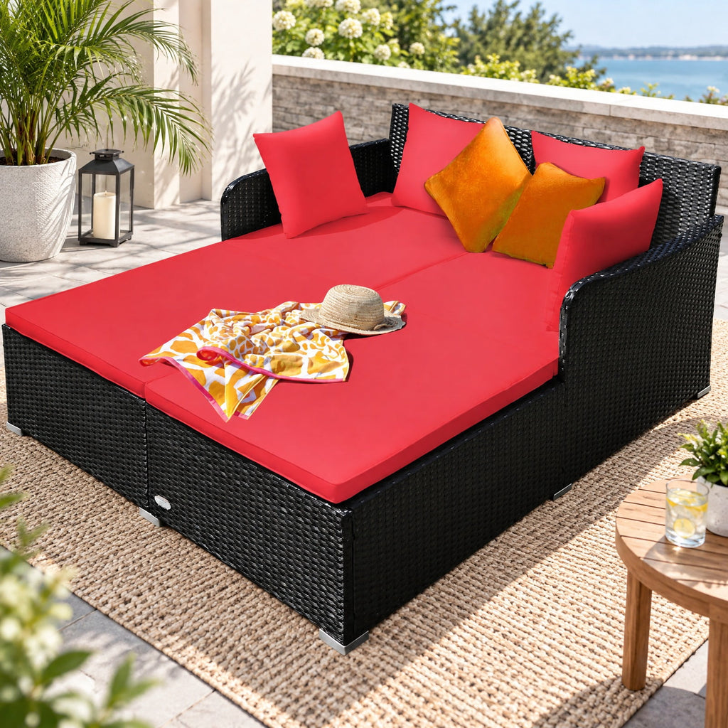 Airfind Spacious Outdoor Rattan Daybed with Upholstered Cushions and Pillows, 800 lbs Capacity, Rattan Steel Sponge Frame, Red
