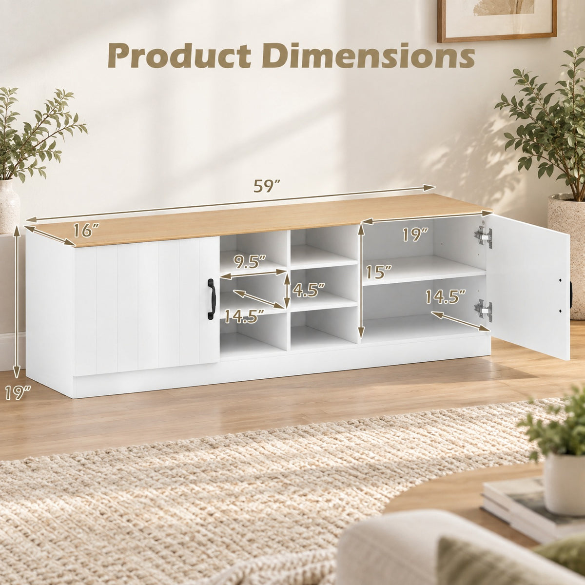 Airfind 2-Door Shoe Bench Storage Cabinet with Adjustable Shelves, 300 lbs Capacity, Engineered Wood MDF Frame, 59in x 16in x 19in Footprint, Natural