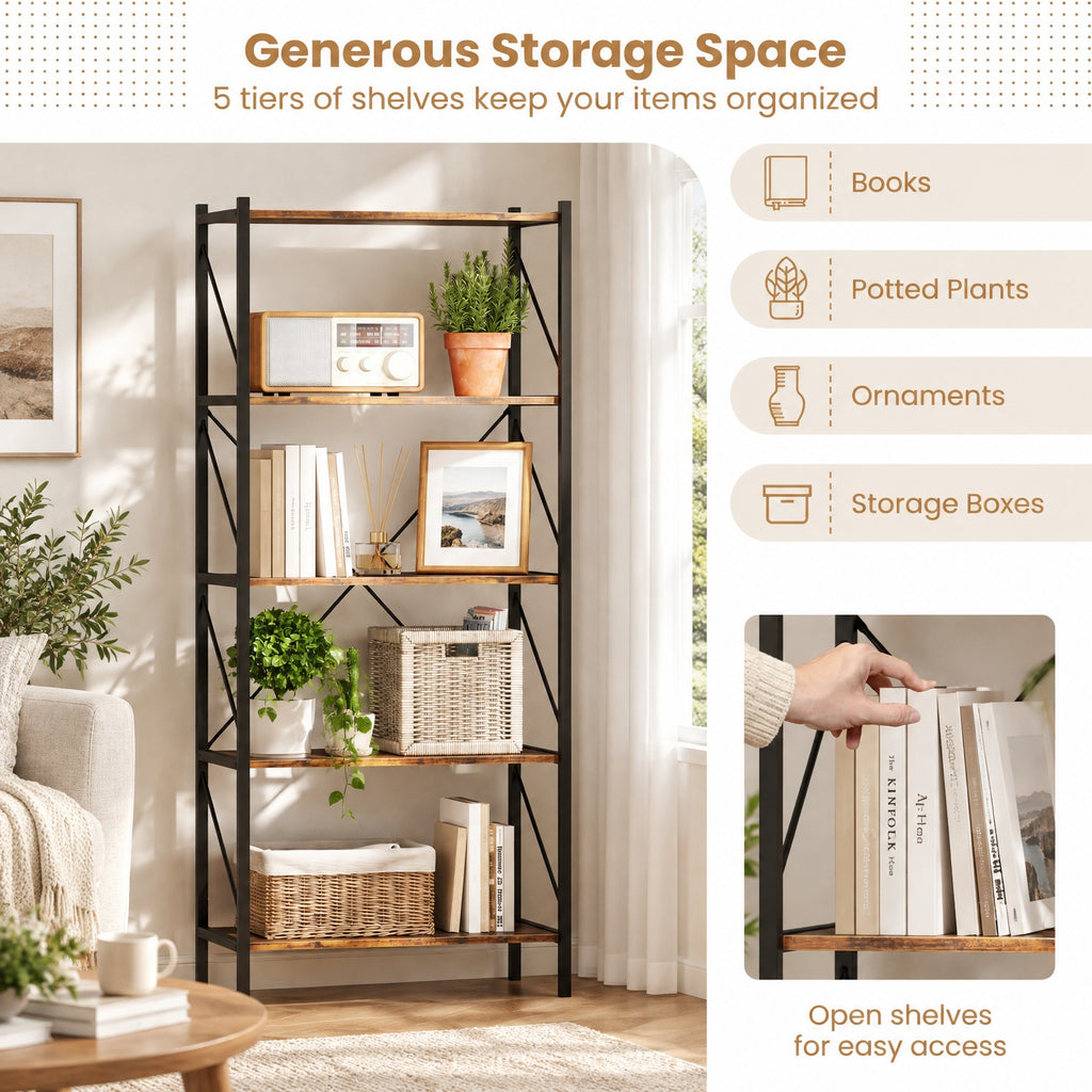 Airfind 5-Tier Bookshelf with Open Shelves and Heavy Duty Metal Frame, 220 lbs Capacity, Metal Engineered Wood Frame, Brown