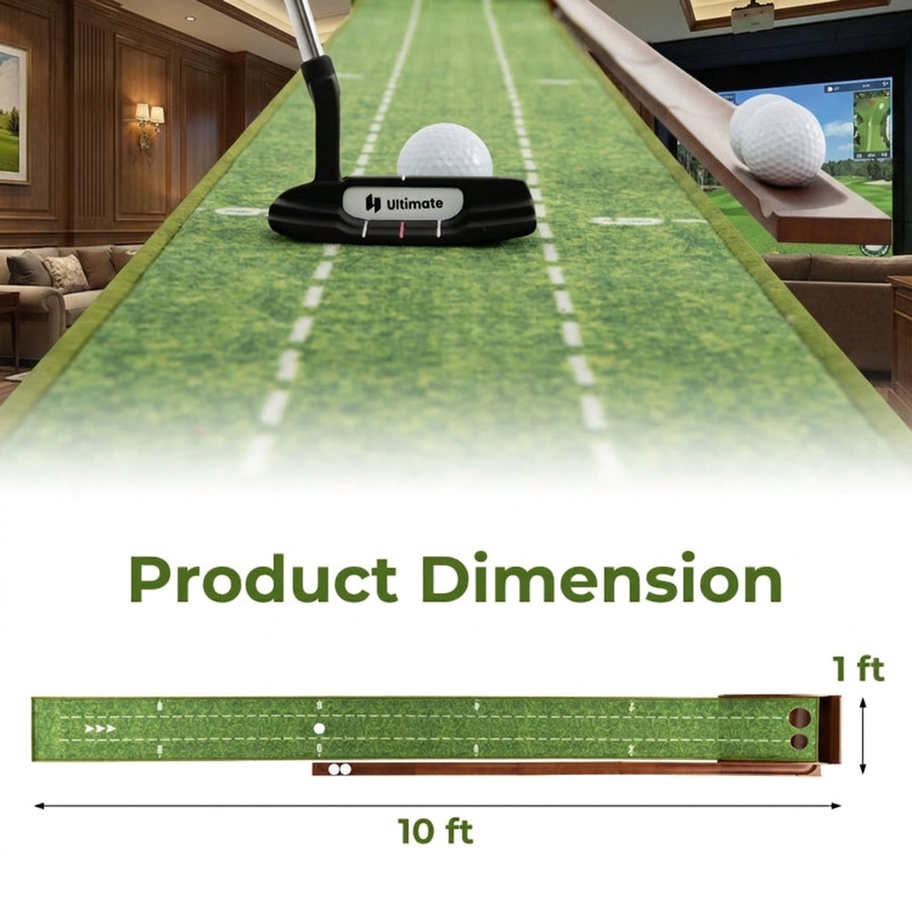 Airfind 10 ft Indoor Putting Mat with Wood Track, Auto Ball Return and 2 Hole Sizes, Brown