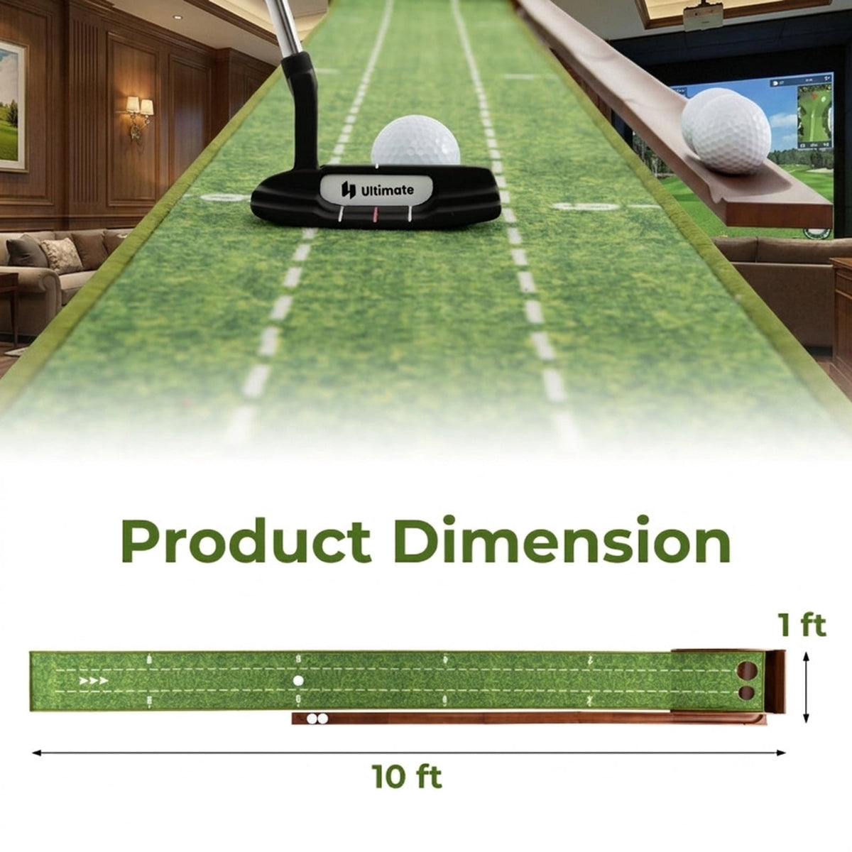 Airfind 10 ft Indoor Putting Mat with Wood Track, Auto Ball Return and 2 Hole Sizes, Brown