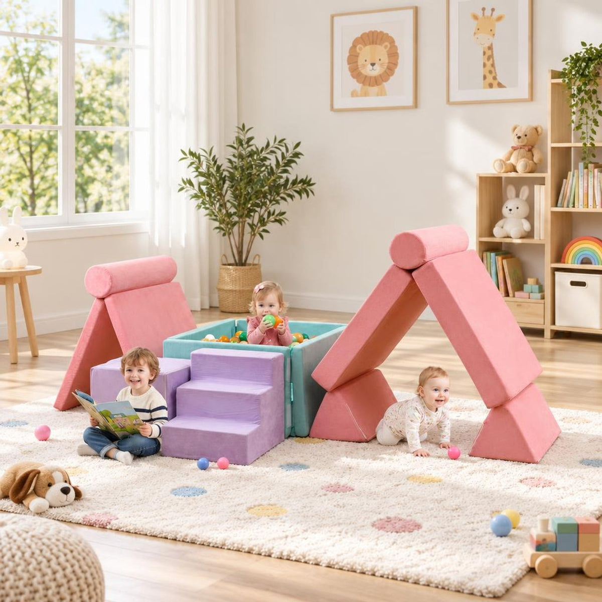 Airfind 8 Pieces Kids Play Couch Foam Building Fort Play Set with Suede Cover, Suede Fabric Sponge Frame, 63in x 31.5in x 19.5in Footprint, Pink