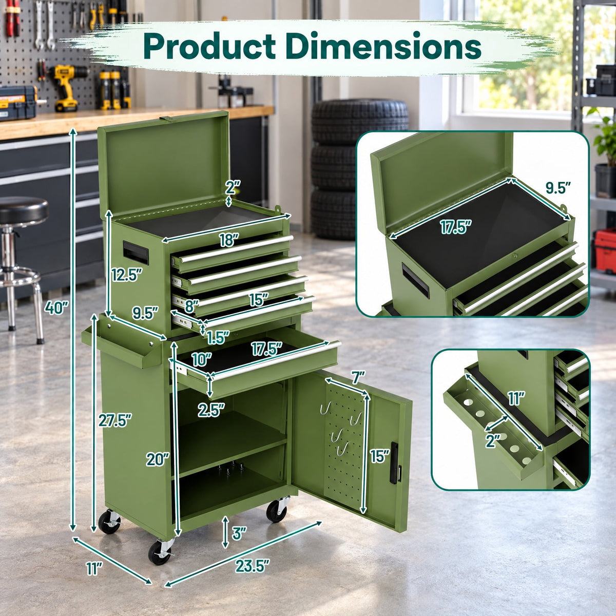 Airfind 2-in-1 Rolling Tool Chest with 5 Sliding Lockable Drawers, 220.5 lbs Capacity, Steel rubber-plastic synthetic Frame, Green