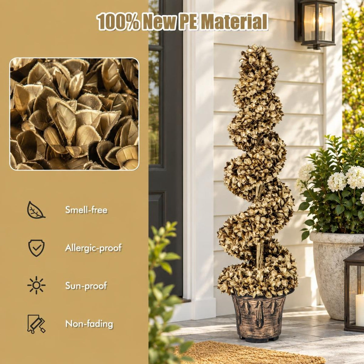 Airfind 4 FT Artificial Topiary Spiral Tree Set of 2 with Vintage Plastic Nursery Pot, PE Metal Cement Foam Tree Height 47 Flower Pot Frame, Gold