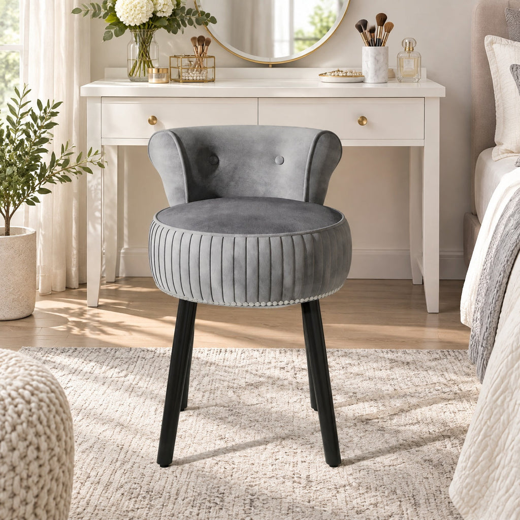 Airfind Velvet Vanity Chair with Back Upholstered Vanity Stool with Tufted Low Back and Solid Wood Legs, 234 lbs Capacity, Rubber Wood Frame, Gray