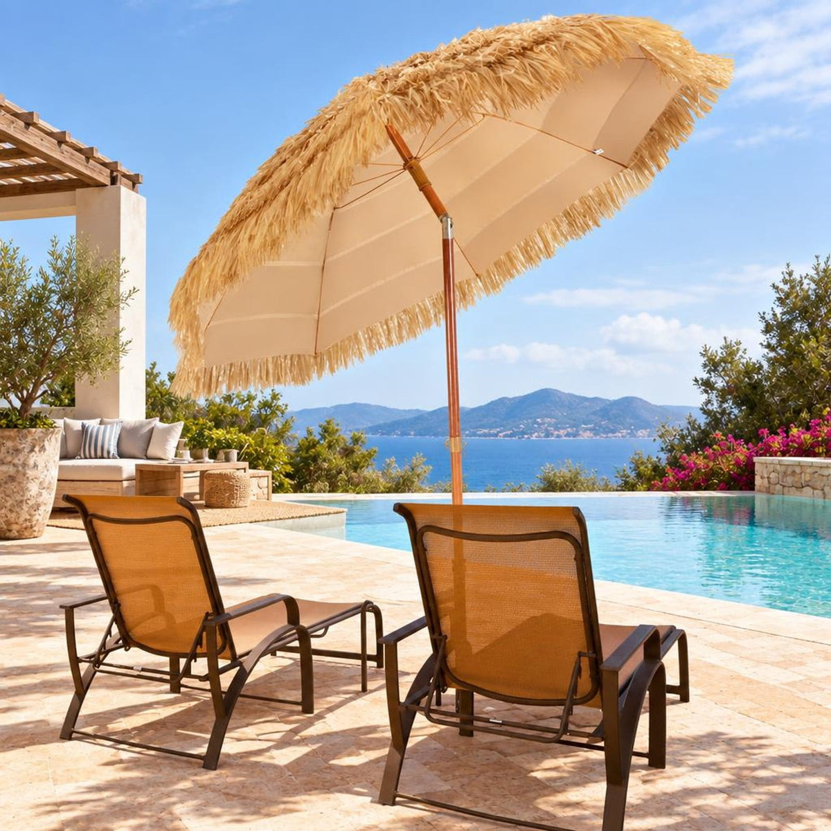 Airfind 6.5 Feet Portable Thatched Tiki Beach Umbrella with Adjustable Tilt for Backyard, PP Frame, Khaki