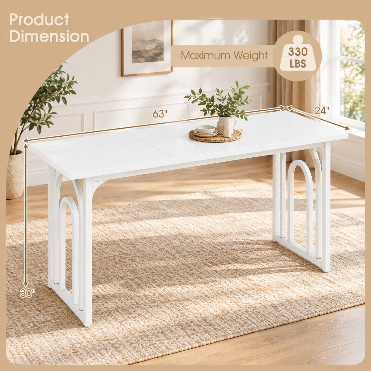Airfind Dining Table for 6-8 People 63 Inch Rectangular Farmhouse Kitchen Table, MDF Metal Frame, 63 x 24 x 30 Maximum Weight 330 lbs Footprint