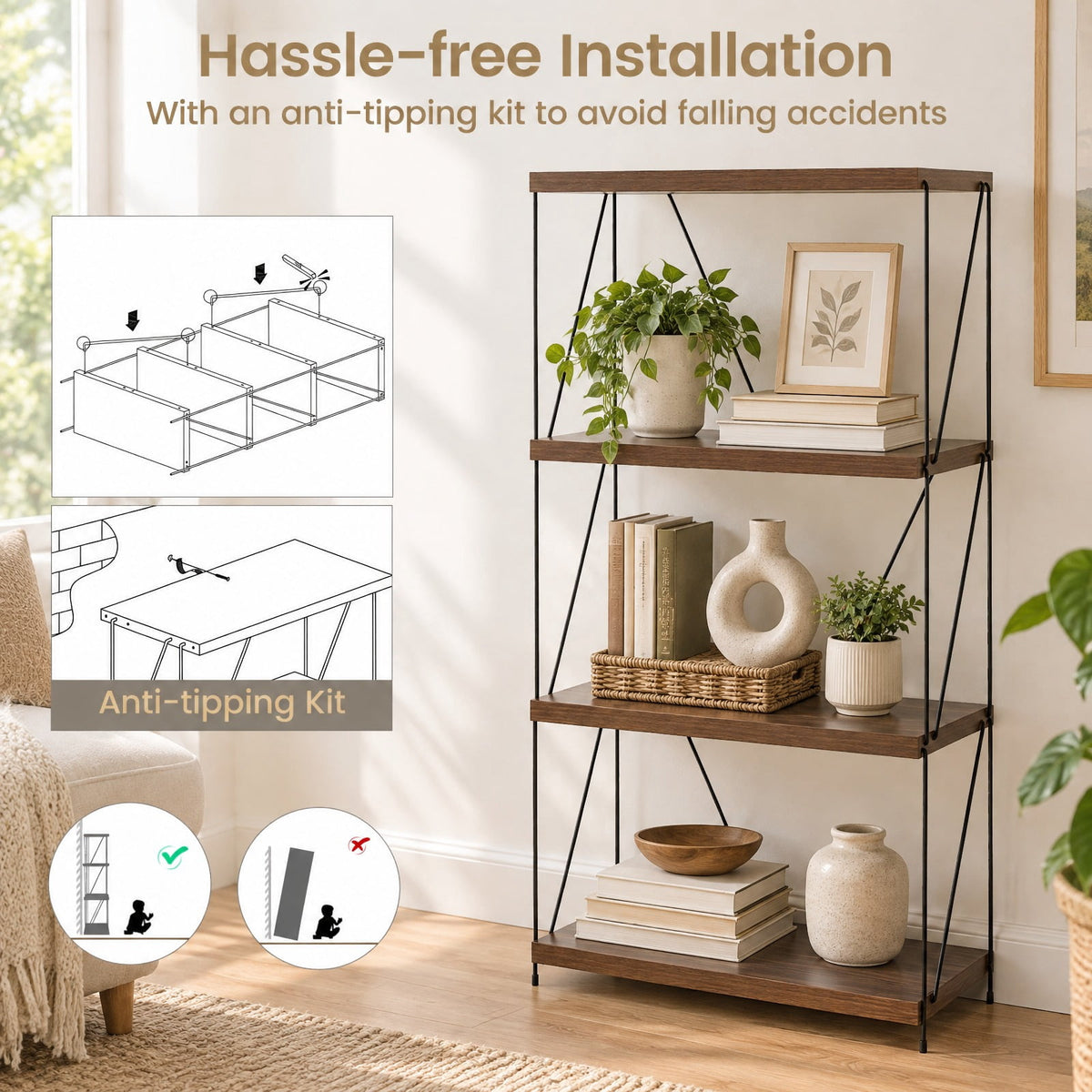 Airfind 4-Tier Multipurpose Display Rack with Metal Frame, Industrial Bookshelf with Anti-Tipping Kit, MDF Shelves, 24 x 11.5 x 41.5, Walnut