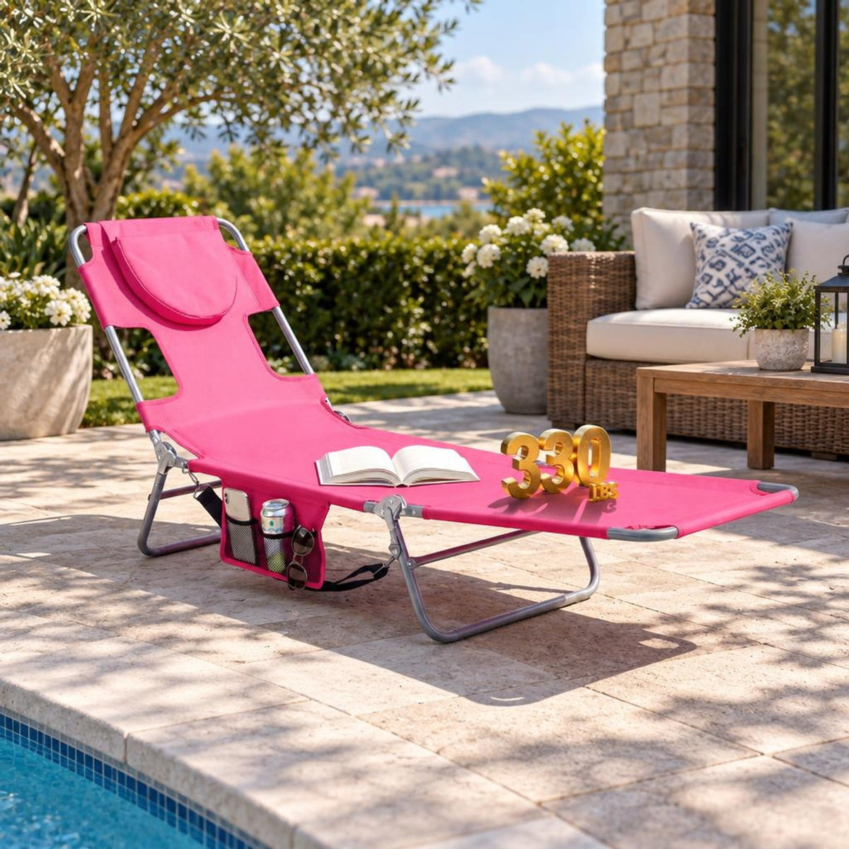 Airfind Folding Beach Lounge Chair with Adjustable Backrest for Lawn, 330 lbs Capacity, Metal Oxford Fabric Polyester Sponge Frame, Pink