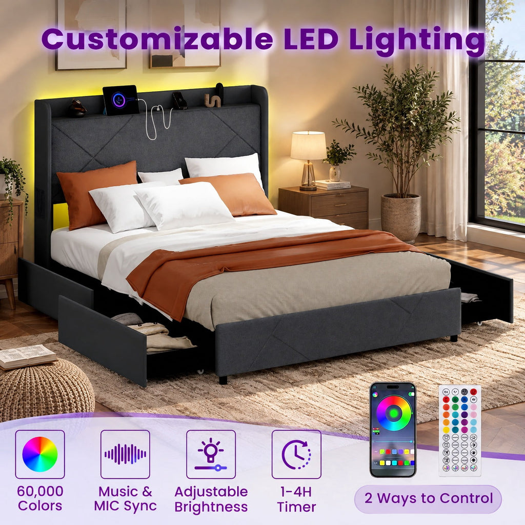 Airfind Full/Queen Size Bed Frame with LED Lights and Charging Station, 1100 lbs Capacity, 82.5 x 57 x 48 Bed Platform 75 x 54.5 Footprint