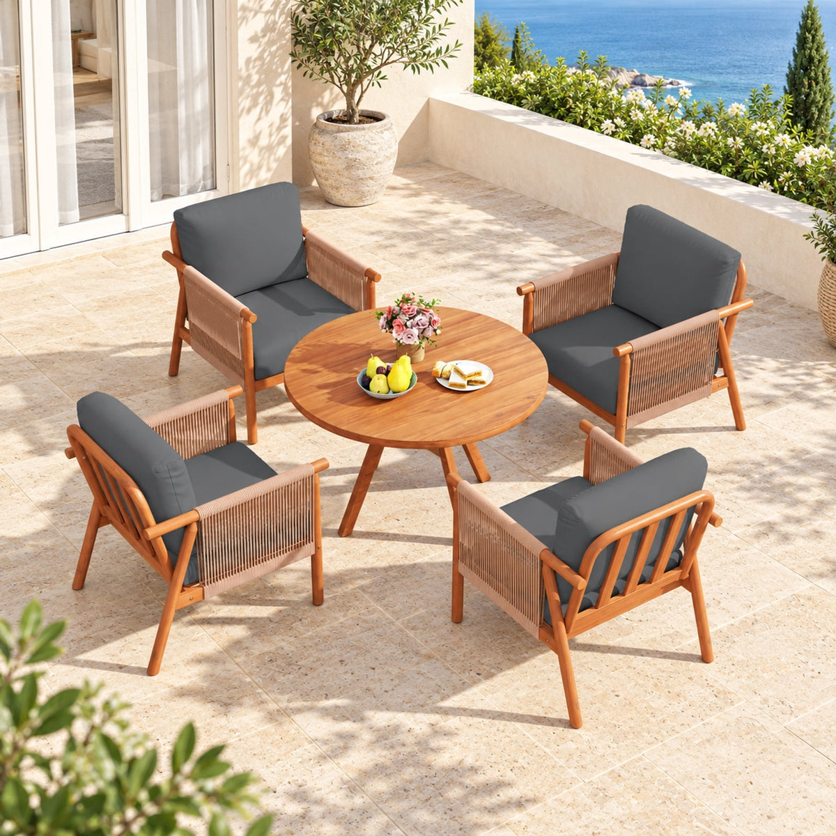 Airfind Patio Acacia Wood Chair Set of 4 with Woven Rope Armrests and Seat Back Cushions for Backyard, 400 lbs Capacity, Gray