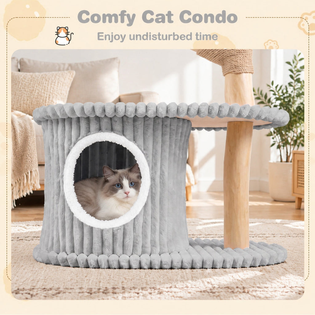 Airfind 41 Inch Tall Modern Cat Tower with Real Wood Branches Scratching Posts for Indoor, Gray, a distinctive shape and rich wood grain