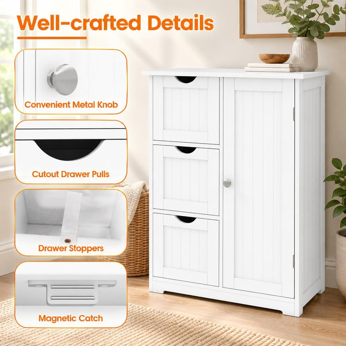 Airfind Bathroom Floor Cabinet Side Storage Cabinet with 3 Drawers and 1 Cupboard, MDF Frame, 24 x 12 x 32 Footprint, White