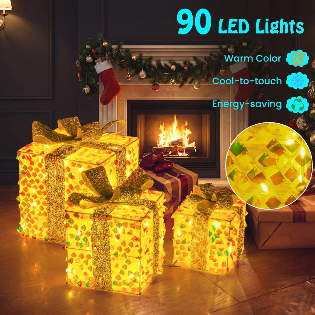 Airfind Set of 3 Christmas Lighted Gift Boxes with Pre-lit 90 LED Light and Bows, PVC Polyester Metal Frame, 10 x 10 x 10 Footprint