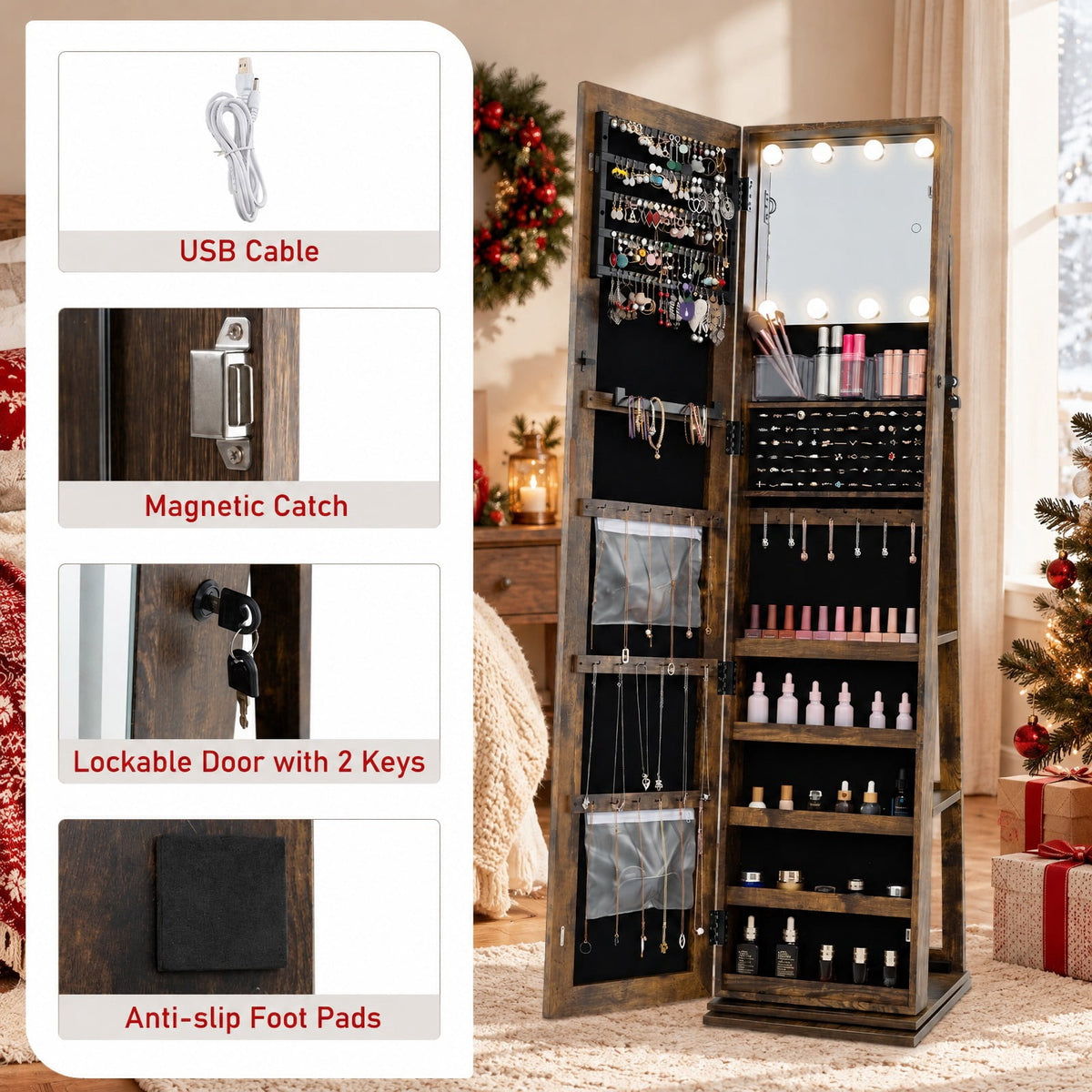Airfind 360° Swivel Jewelry Cabinet with Full Length Mirror, MDF Frame, Brown, Open storage shelves for easy reach