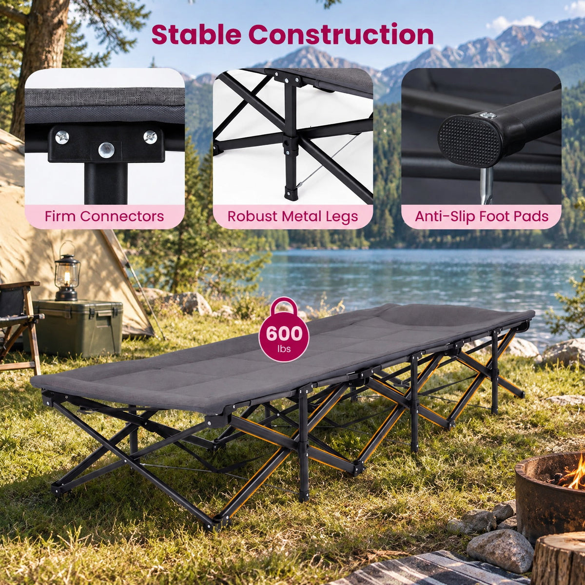 Airfind Camping Cot with Padded Pillow and Storage Pouch for Camping Travel, 600 lbs Capacity, Polyester Fabric Oxford Cloth Cotton Metal Frame