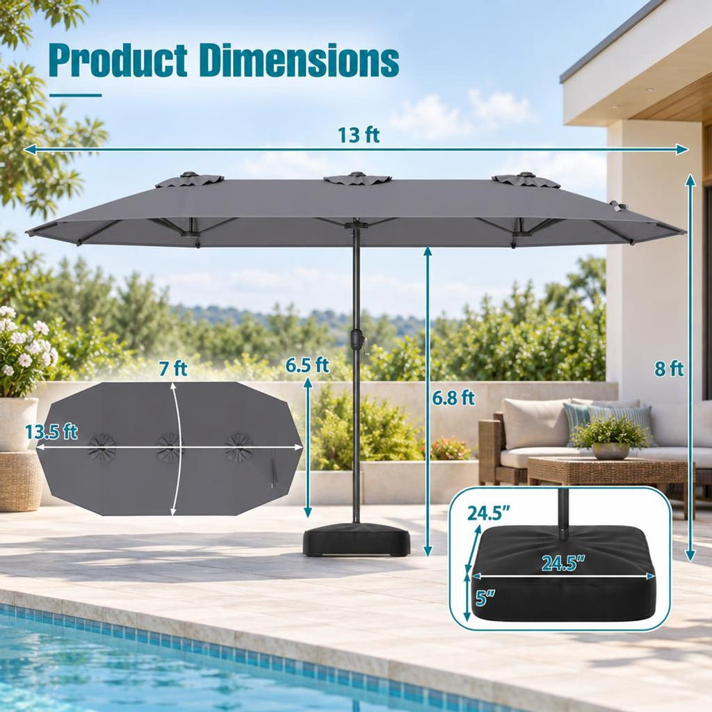 Airfind 13 Feet Double-Sided Patio Twin Table Umbrella with Crank Handle, Metal 180g Yarn Dyed Fabric PA Coating Frame, Gray