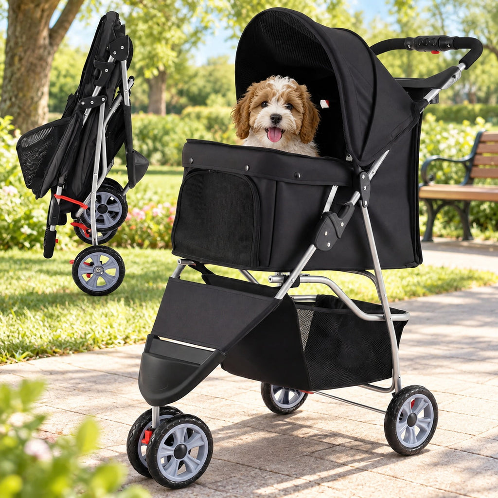 Airfind 3 Wheel Pet Stroller for Small Dogs Cats up to 33 LBS, 33 lbs Capacity, 300D Oxford Cloth Metal Mesh Sponge PU PP Frame, Black