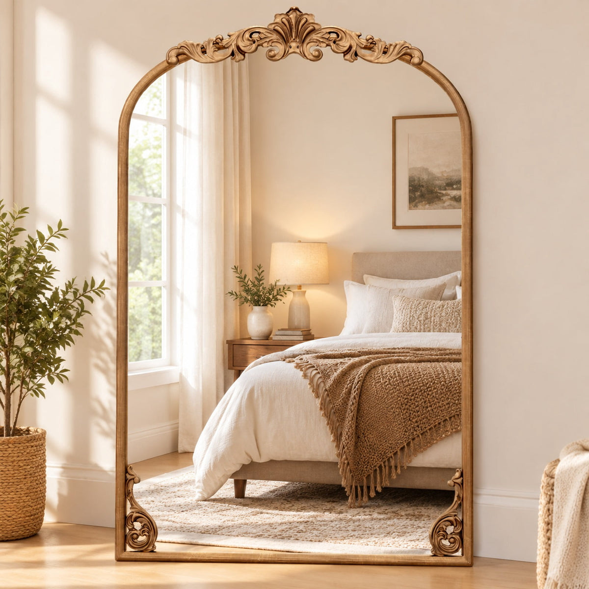 Airfind Arched Mirror for Wall Gold Traditional Vintage Ornate Baroque Mirror with Metal Frame, Resin Frame, 30 Inch x 20 Inch Footprint, Gold